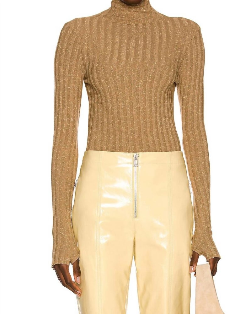 Front of a model wearing a size L Lurex Sweater Rib Turtleneck in Sand/Gold in Sand/Gold by Enza Costa. | dia_product_style_image_id:345911